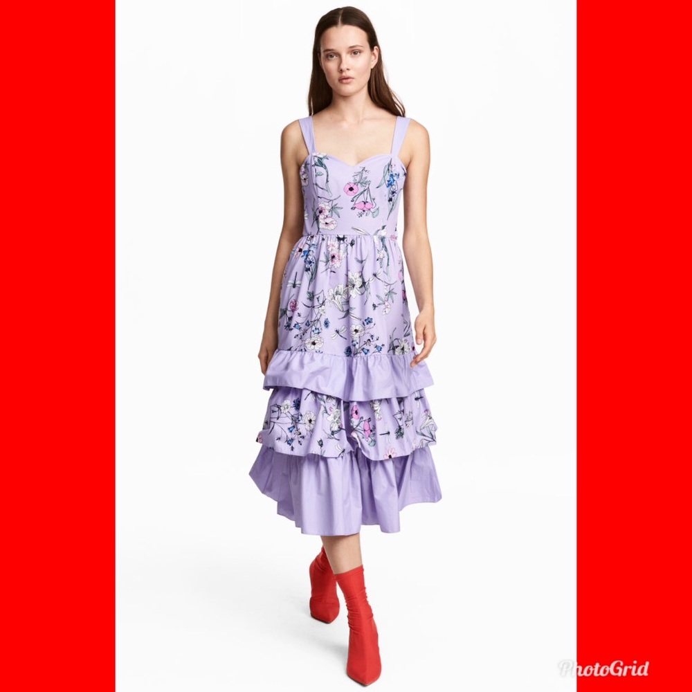 👗💋H&M Lavender Floral Tier Layer Dress Midi😍